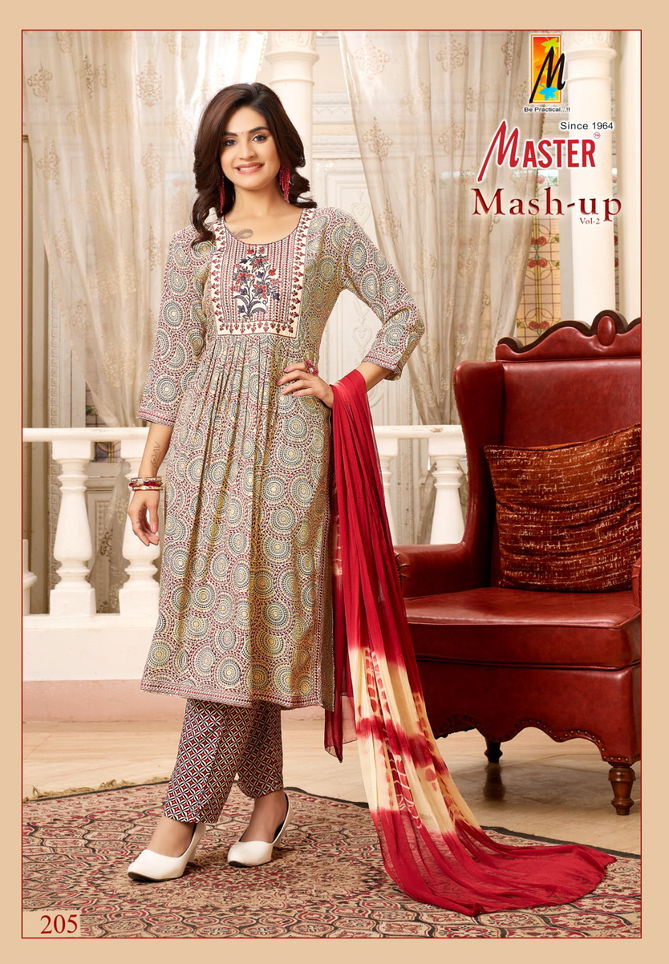 Mash Up Vol 2 By Master Naira Cut Rayon Printed Kurti With Bottom Dupatta Wholesale Online
